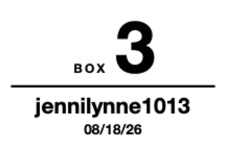 BeamLabel box label showing the box number, buyer username, and show date